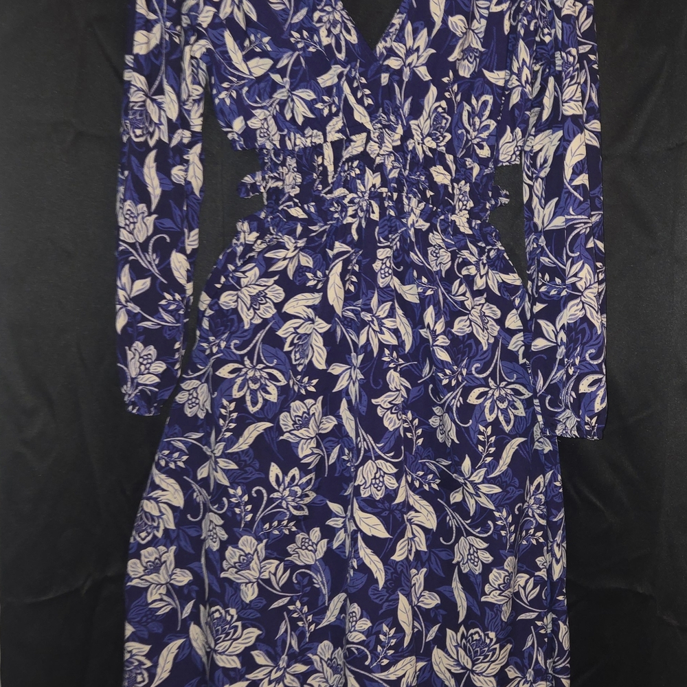 Blue and Cream Long Sleeve V-Neck Sundress for Wedding Guests